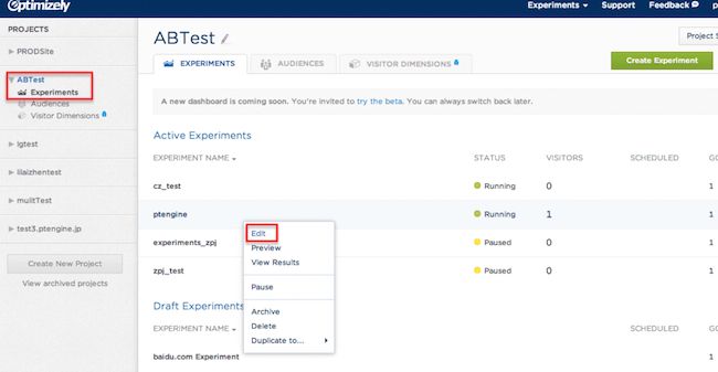 AB testing software Optimizely dashboard with AB Test Experiments highlighted and Edit highlighted.
