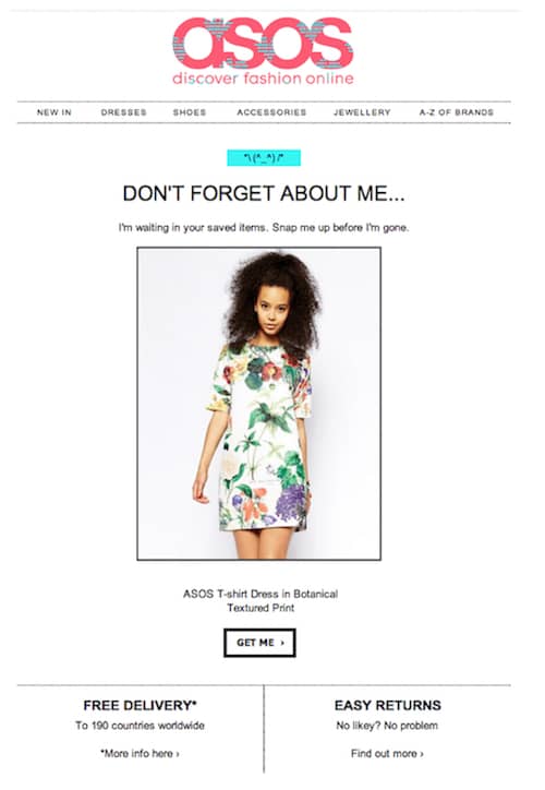 asos abandoned cart email for recovery campaign ASOS example of abandoned cart email for their email recovery campaign, the most popular cart abandonment solution.