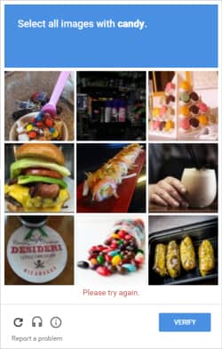 A CAPTCHA challenge showing nine images. It asks the visitor to