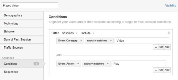creating an advanced segment in google analytics By creating an Advanced Segment in Google Analytics, we can look at sessions that include visitors who watched a video.