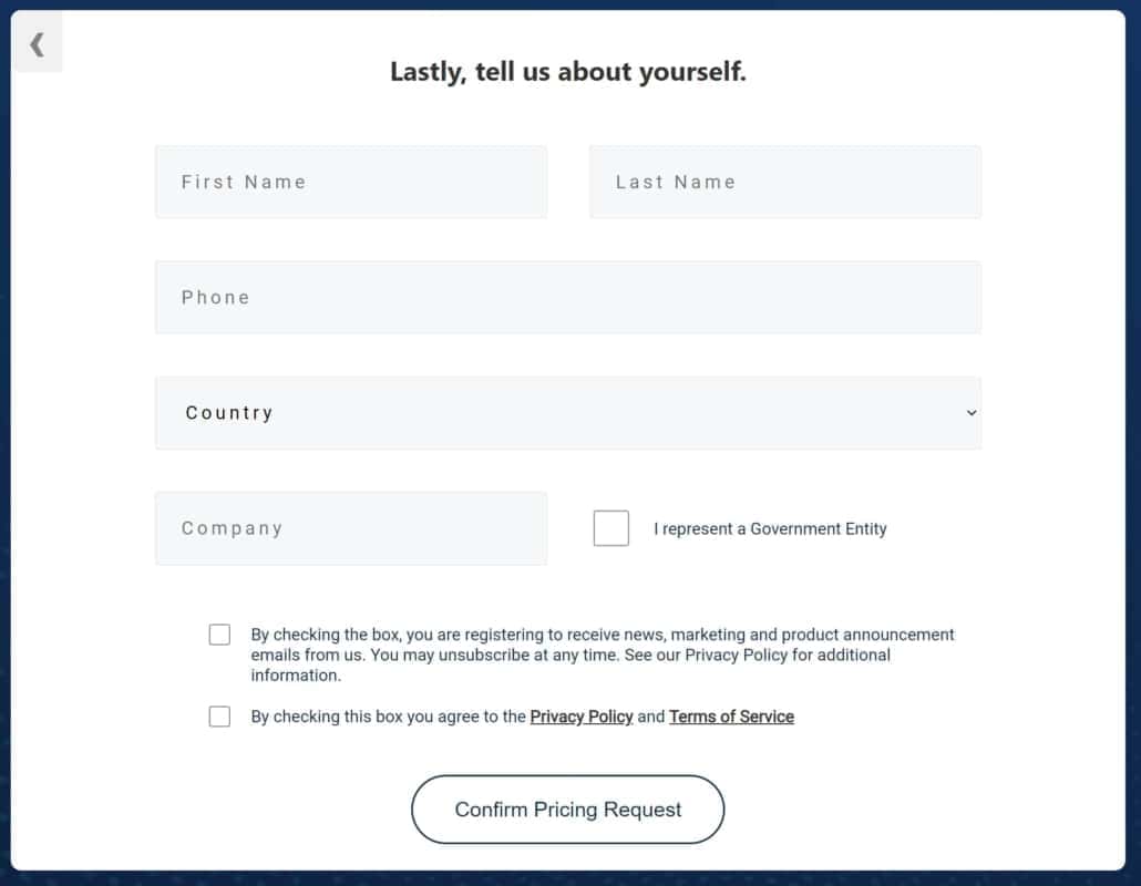 Final step in the quiz, asking for the user's information.