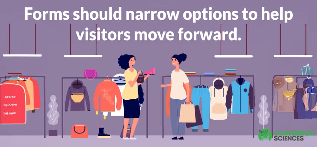 A graphic of a sales woman helping another woman choose clothing. There are racks of clothing behind them. The caption reads