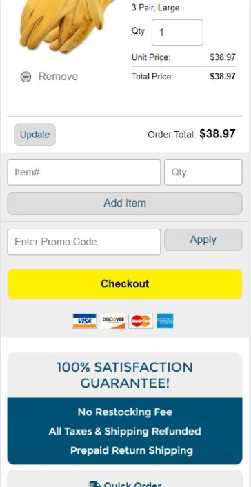 Mobile ecommerce checkout best practices: Galeton reiterates their guarantee and return policy right below the Checkout button.