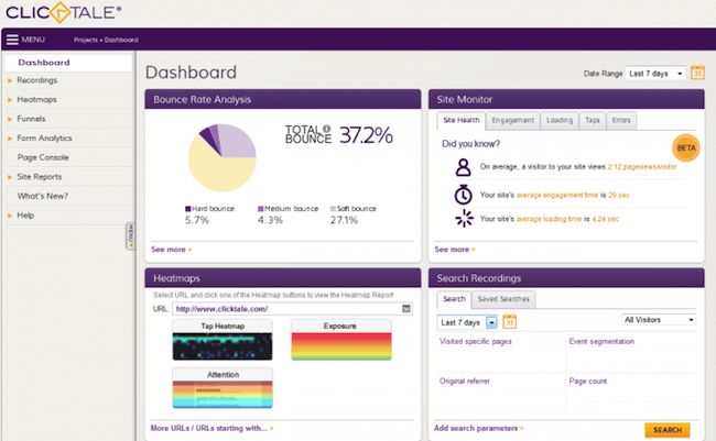 Heatmapping and session recording tool ClickTale dashboard screen capture