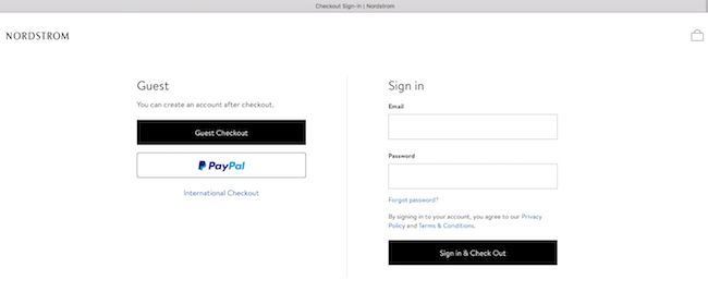 Nordstrom.com prioritizes the guest checkout over the account creation. Plus, add to cart compliments the shopper’s taste. We like little touches like this.