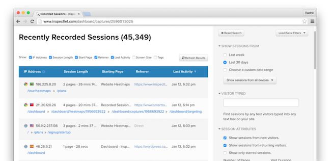 Session recording software Inspectlet screen capture