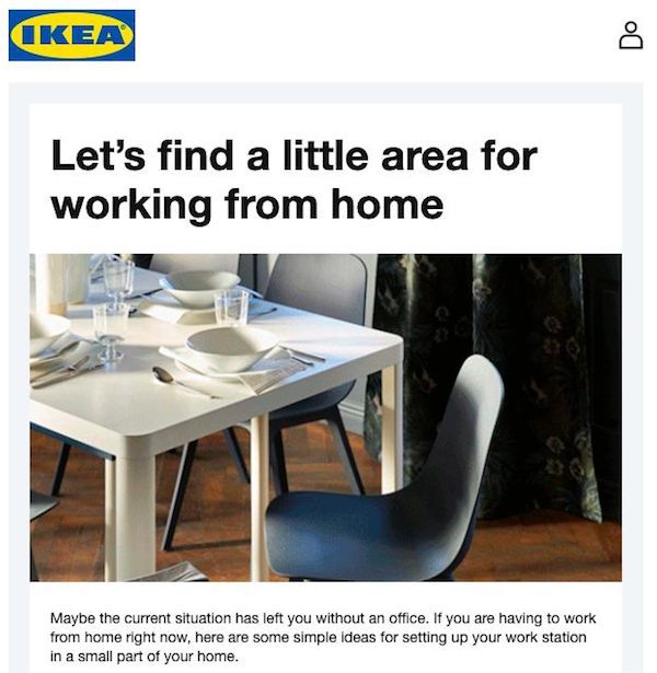 IKEA email image Smart ecommerce strategies on times of coronavirus: IKEA emailed existing customers offering tips on setting up a home office.