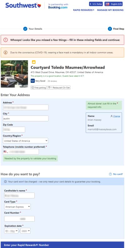 A form on the Southwest Hotels website in which a hotel room is being purchased. An error message at the top says