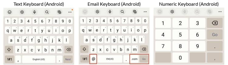 Three mobile keyboards labeled