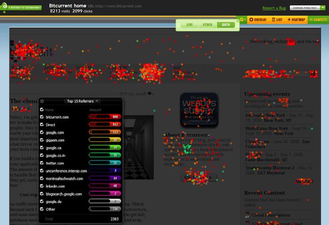 User intelligence tool Crazy Egg confetti report screen capture.