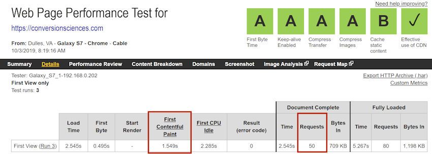 WebpageTest.org Report for conversionsciences.com Mobile Site A screen capture from Web page test dot org for Conversion Sciences dot com