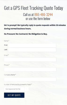 GPS Fleet Tracking form with fields name, email, phone, company name, and number of devices.