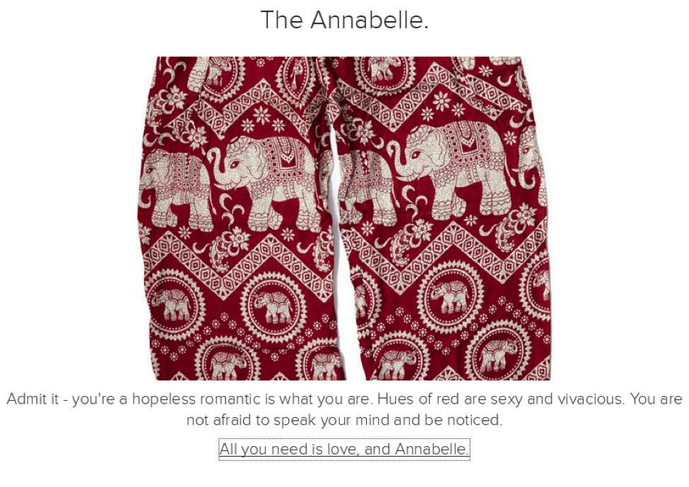 A flattering quiz result increases interest in buying this pair of pants and the likelihood of the result being shared