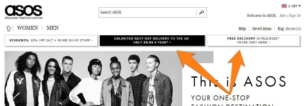 ASOS's prominent shipping policies