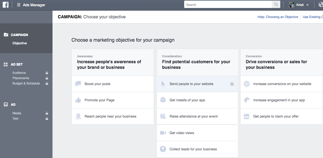 Choosing your ad objective in Facebook
