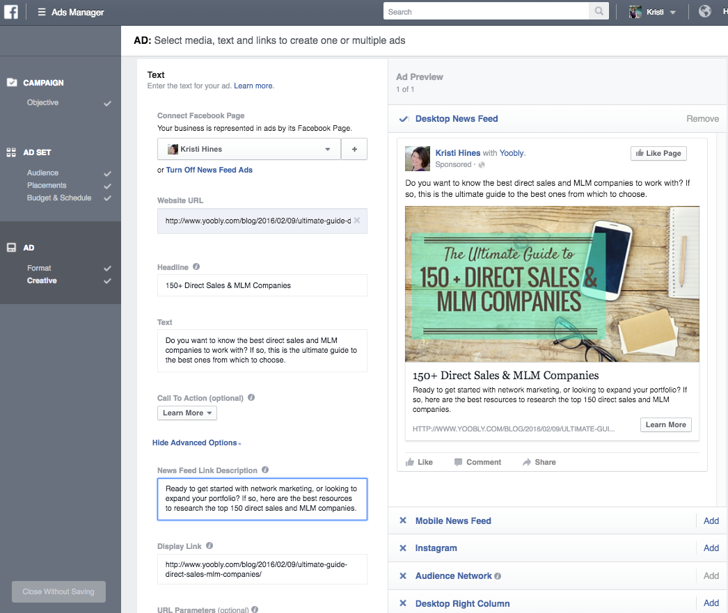 Configuring your Facebook ad