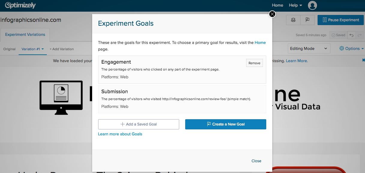 Create a goal for your AB testing experiment