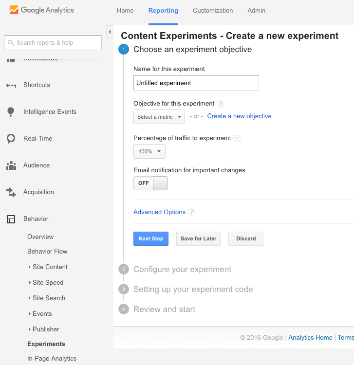 Create an experiment in Google Analytics