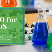 Science lab with beakers filled with green and blue liquids, with article title overlayed