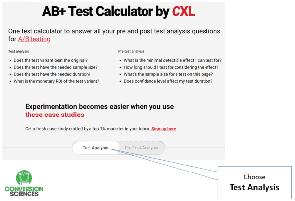 A screen shot of the CXL AB Test Calculator with the tab