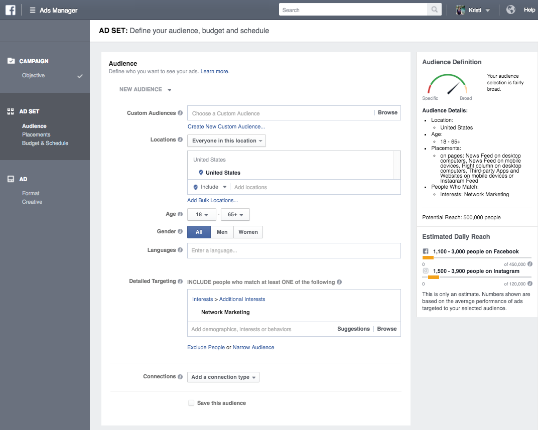 Defining your Facebook Ad Set