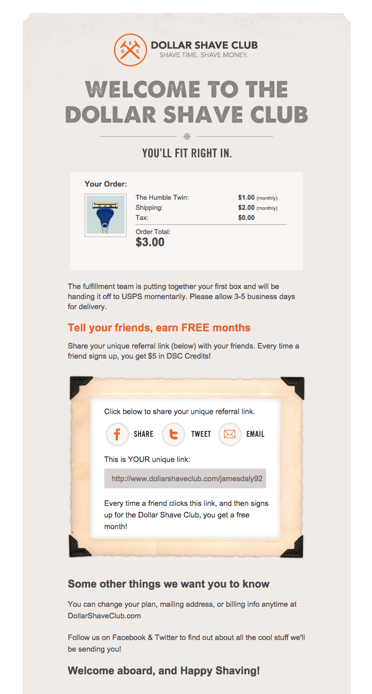 Confirmation email from Dollar Shave Club