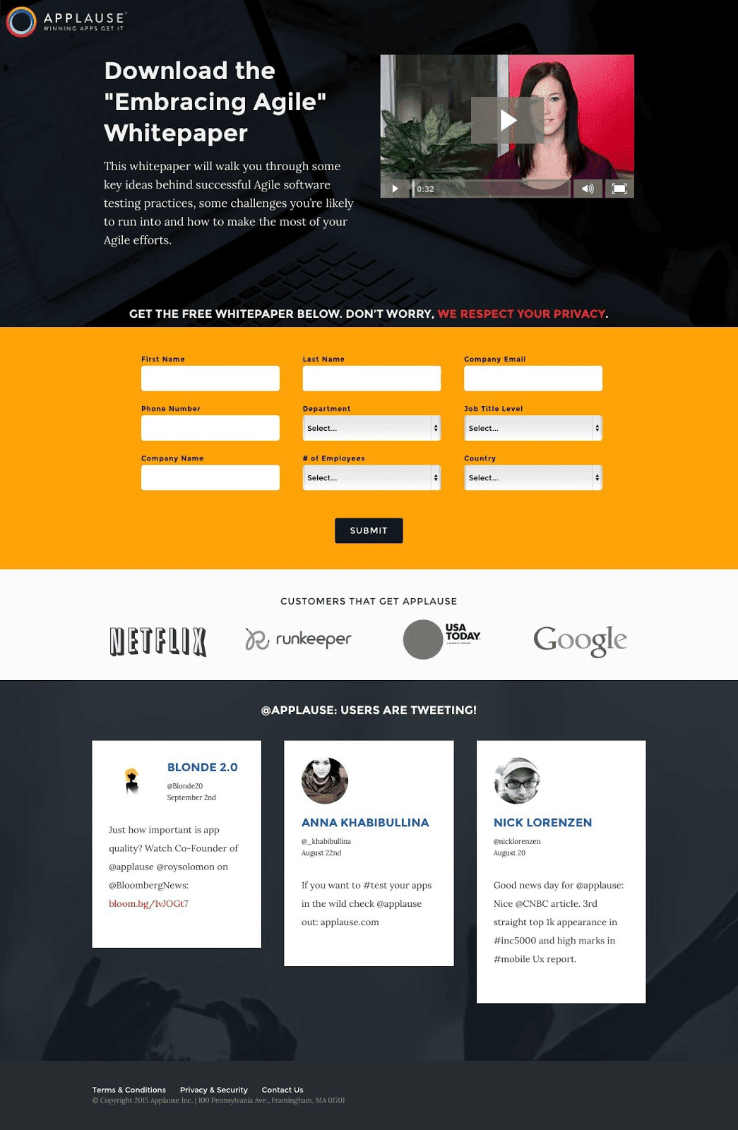 Applause lead generation landing page with form that has 9 fields