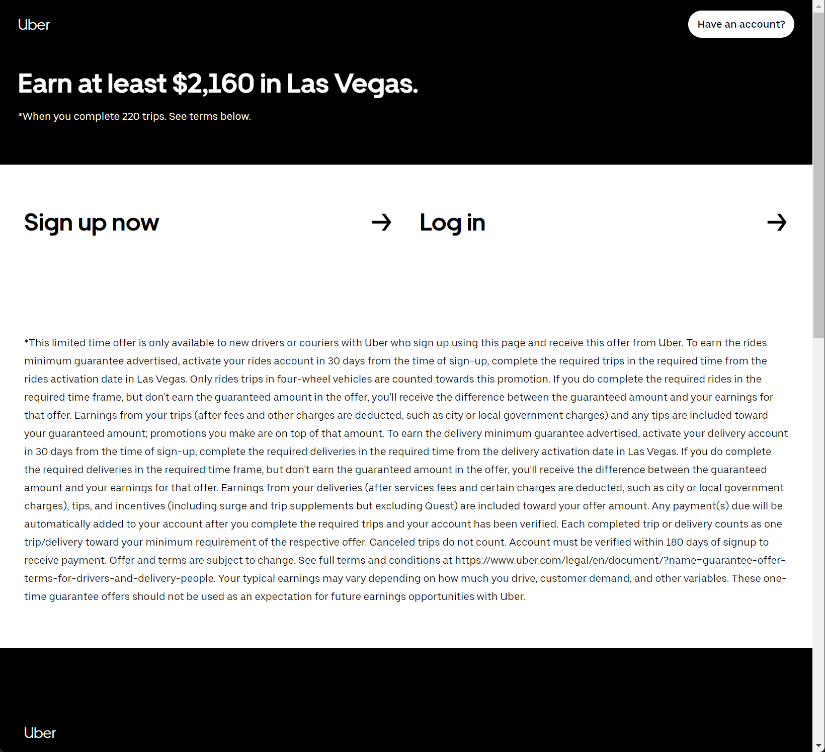 Uber landing page promising $2,160 to drivers in Las Vegas