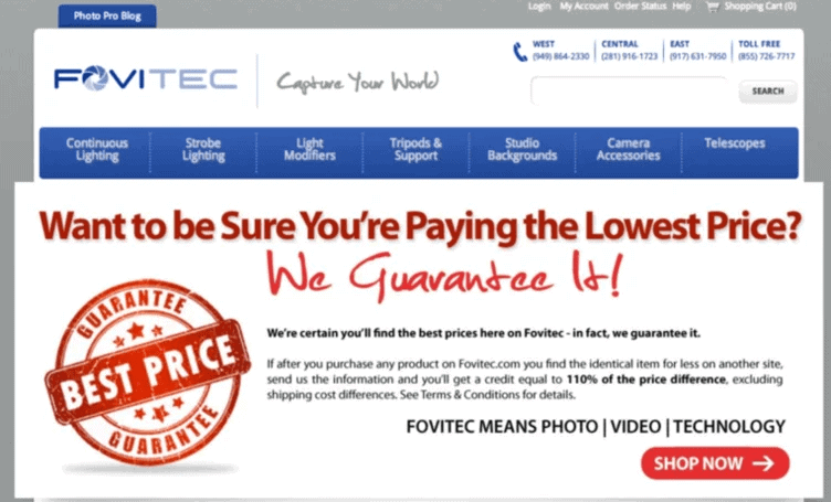 Short landing page that guarantees low pricing but doesn't have a clear offer