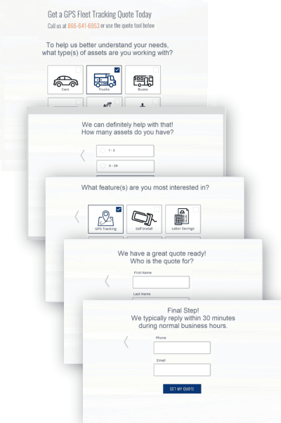 Images of the five steps of the multi-step form for Blue Rhino.