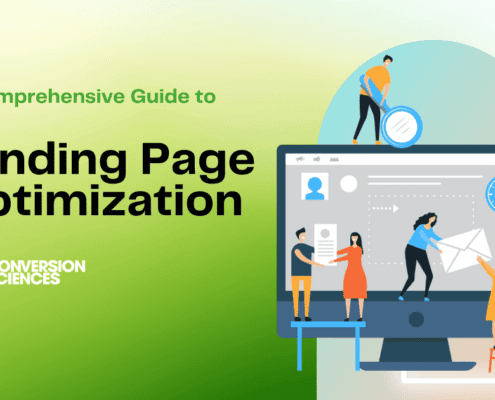 Rendering of tiny people working on a landing page on a computer
