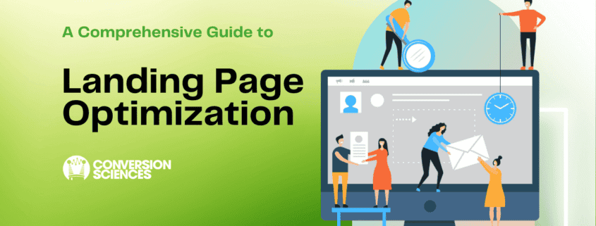 Rendering of tiny people working on a landing page on a computer