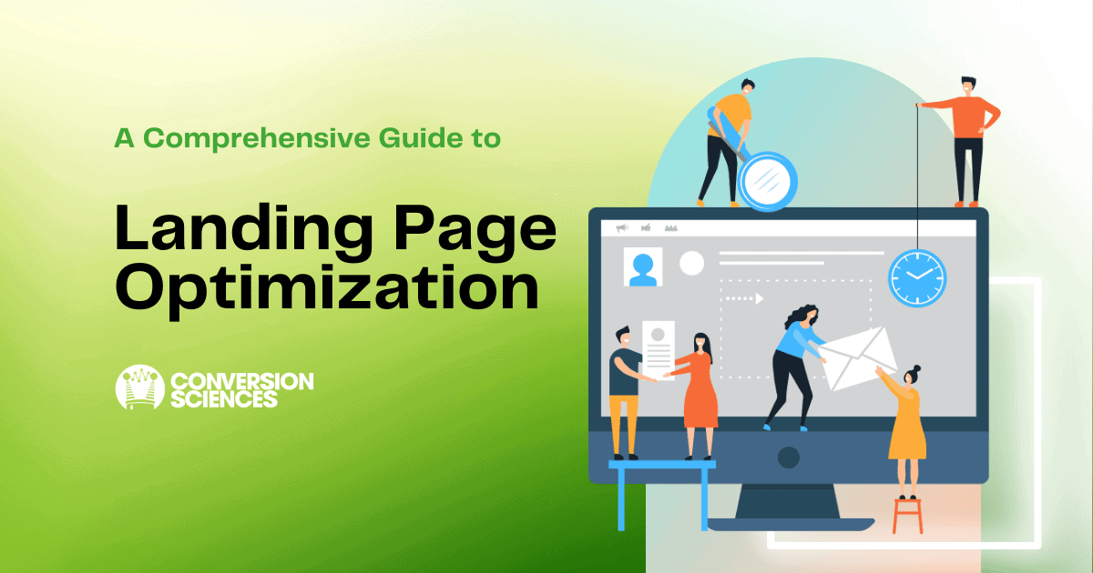 Rendering of tiny people working on a landing page on a computer