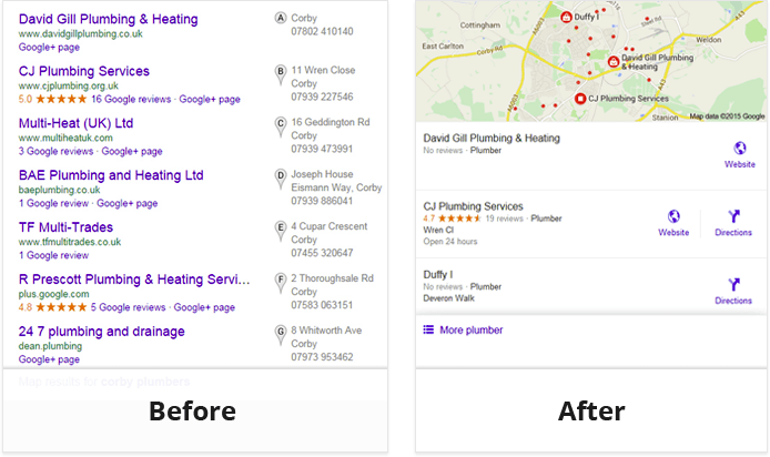 Google local search results before and after introducing the 3-pack SERPs