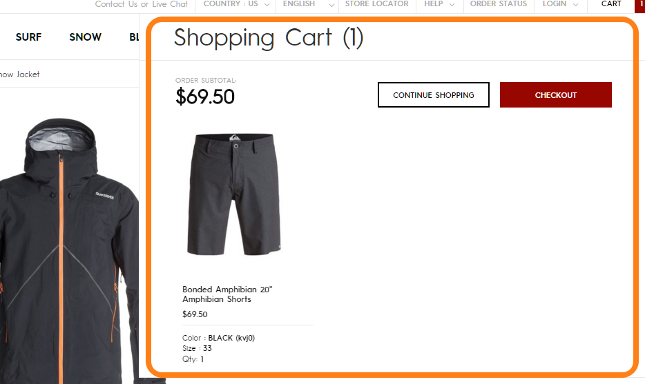 Hover view of shopping cart on Quicksilver