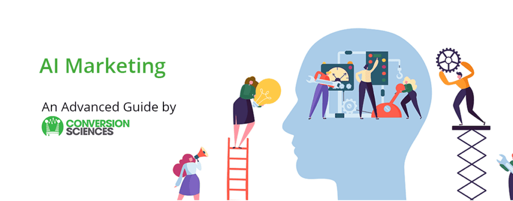 Rendering of marketers moving levers inside the silhouette of a head to represent AI marketing