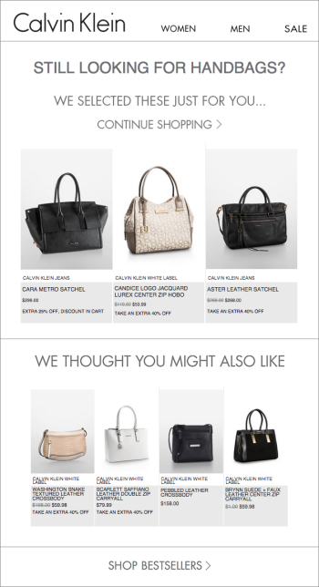 In this Calvin Klein example, shoppers get automated emails that reflect their search activity. In this Calvin Klein example, shoppers get automated emails that reflect their search activity.