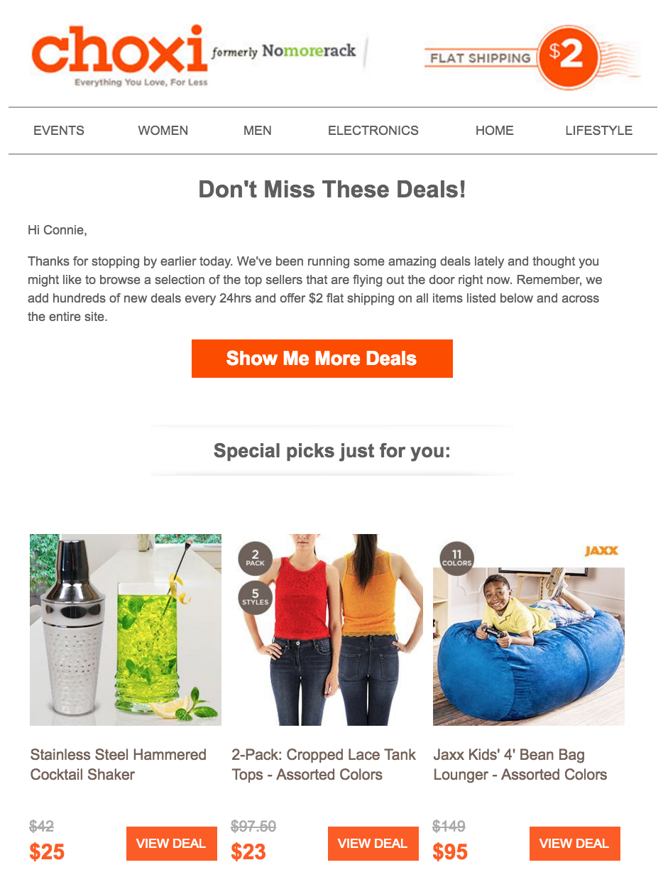 Choxi showcases its best deals for homepage automated email responses. Choxi showcases its best deals for homepage automated email responses.
