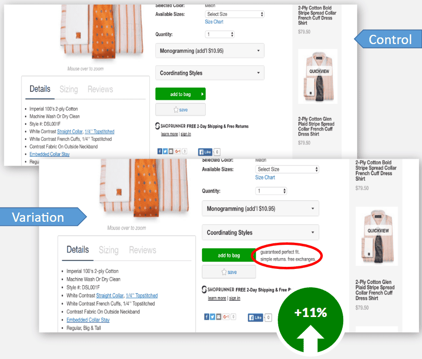 control and variation of a product page. Variation has a guarantee statement next to the Add to Bag button.