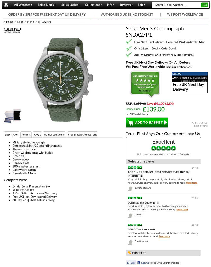 ExpressWatch tested this more aggressive presentation of reviews on their product page. ExpressWatch tested this more aggressive presentation of reviews on their product page.