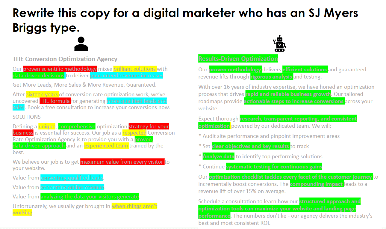 Two variations, one that is written to appeal to everyone (as shown by highlights in multiple colors), the other that speaks to SJ personaity types.