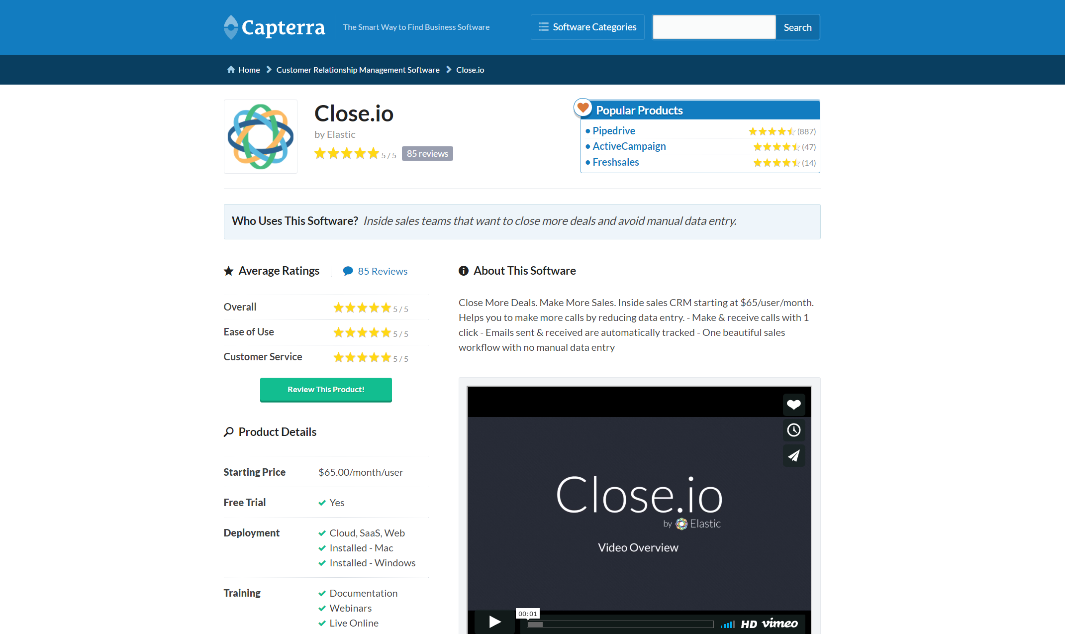3rd party review site listing for Close.io