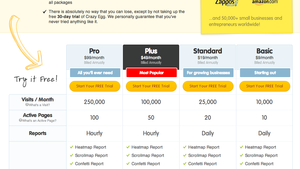 This pricing page uses visual cues to help the visitor choose
