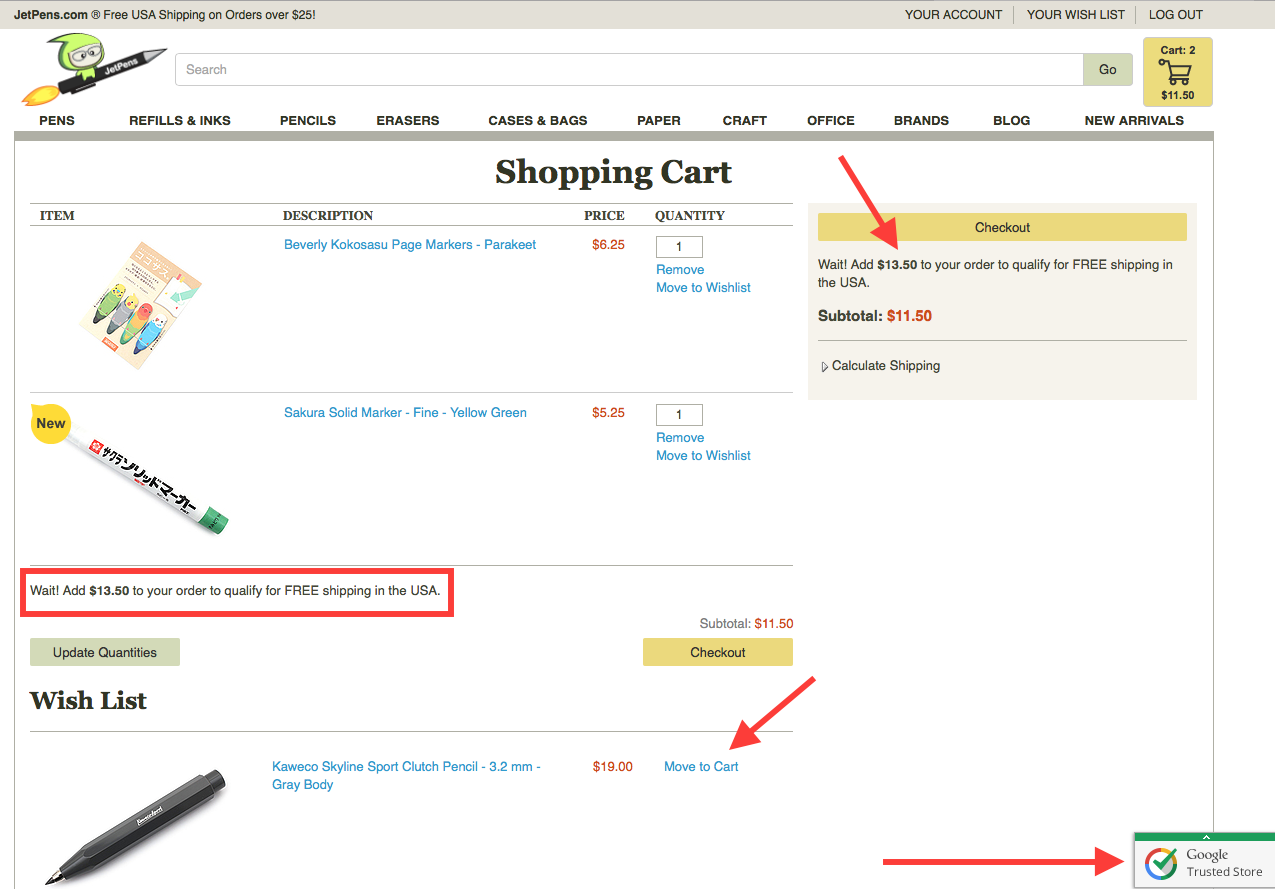 JetPens naturally decreases risk reversal with the trust symbols on their checkout screen.