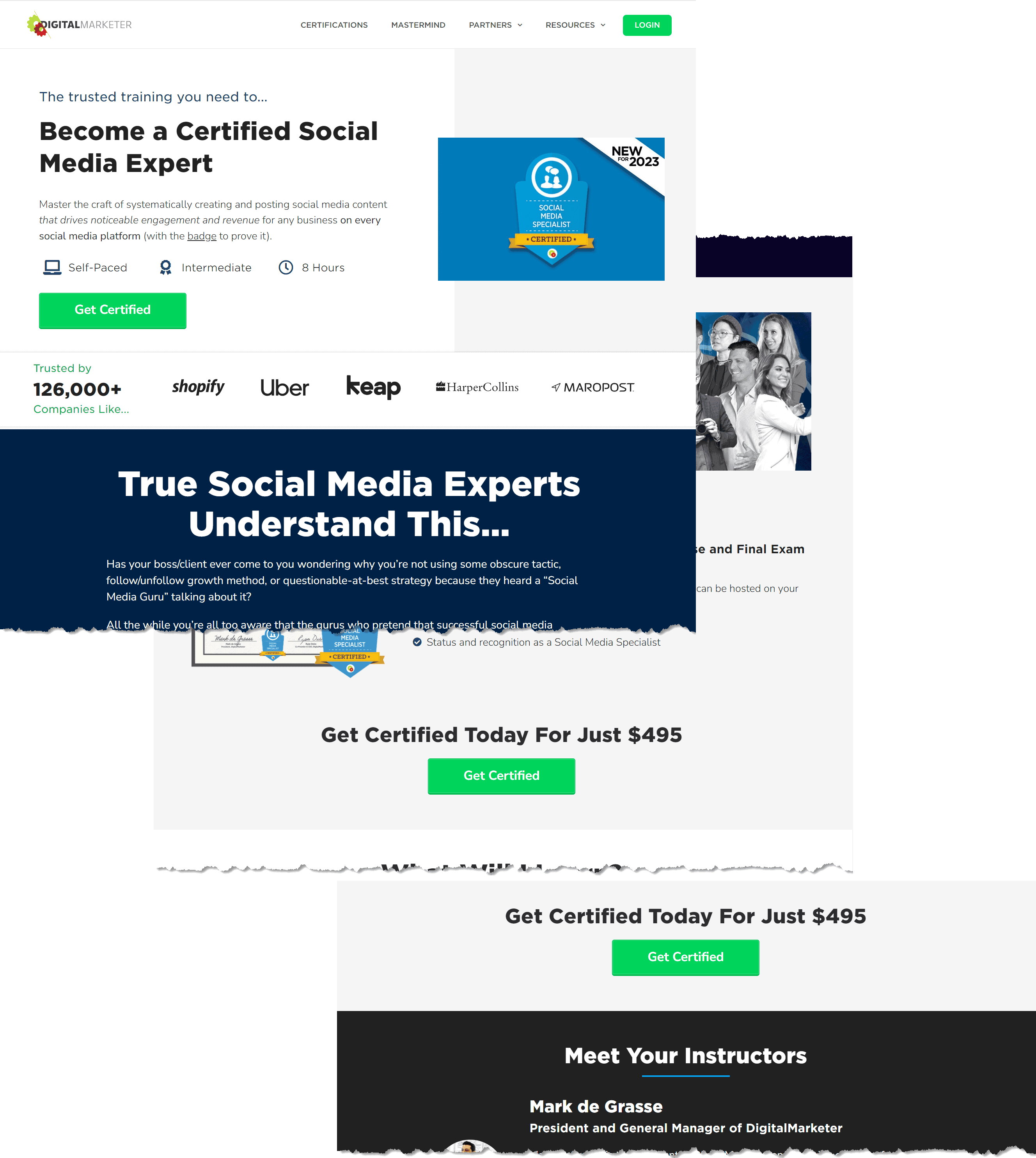 Three screenshots of a DigitalMarketer landing page stacked on top of one another. A green button is visible on all three sections.