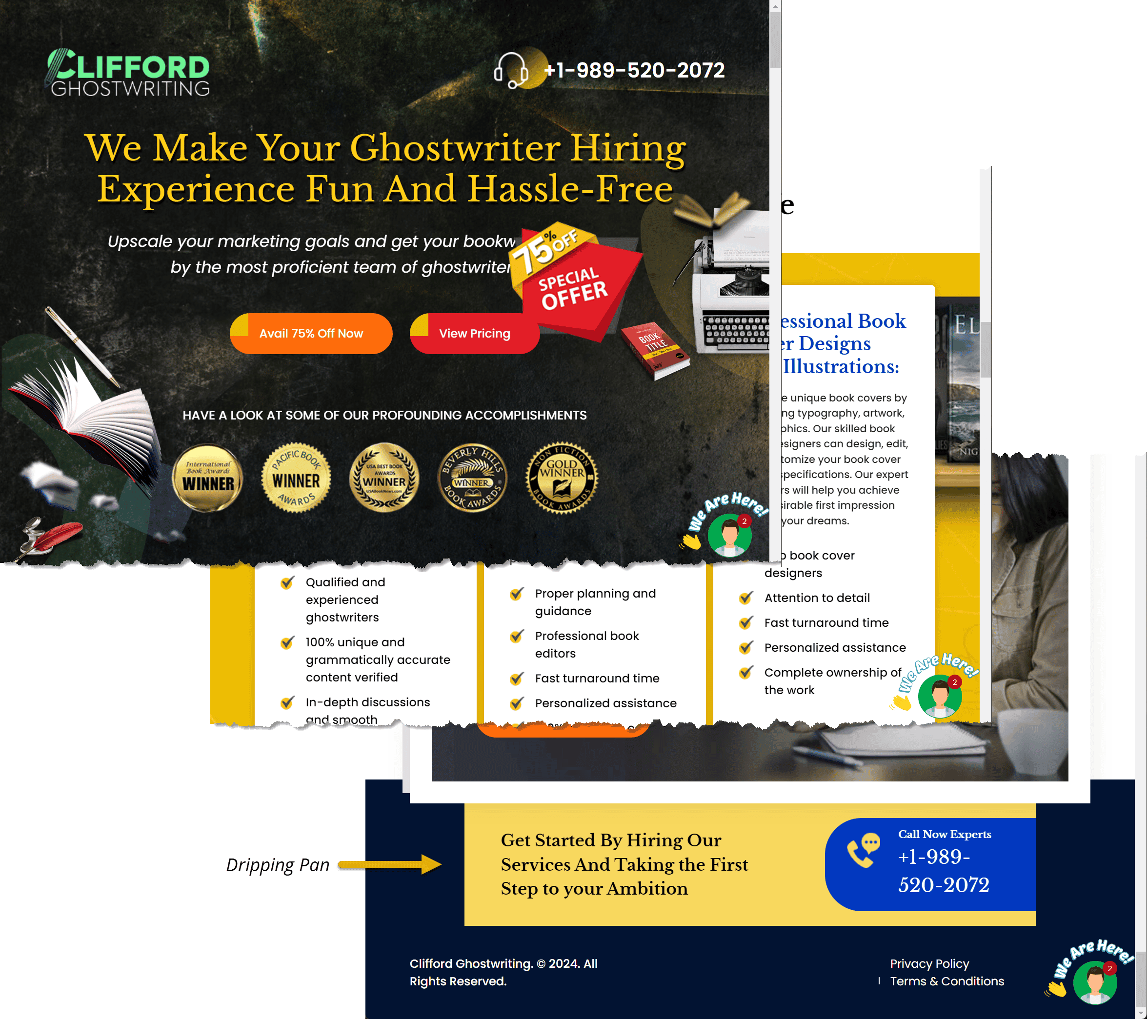Three sections of a landing page are stacked on top of one another. The bottom piece has a dripping pan call to action