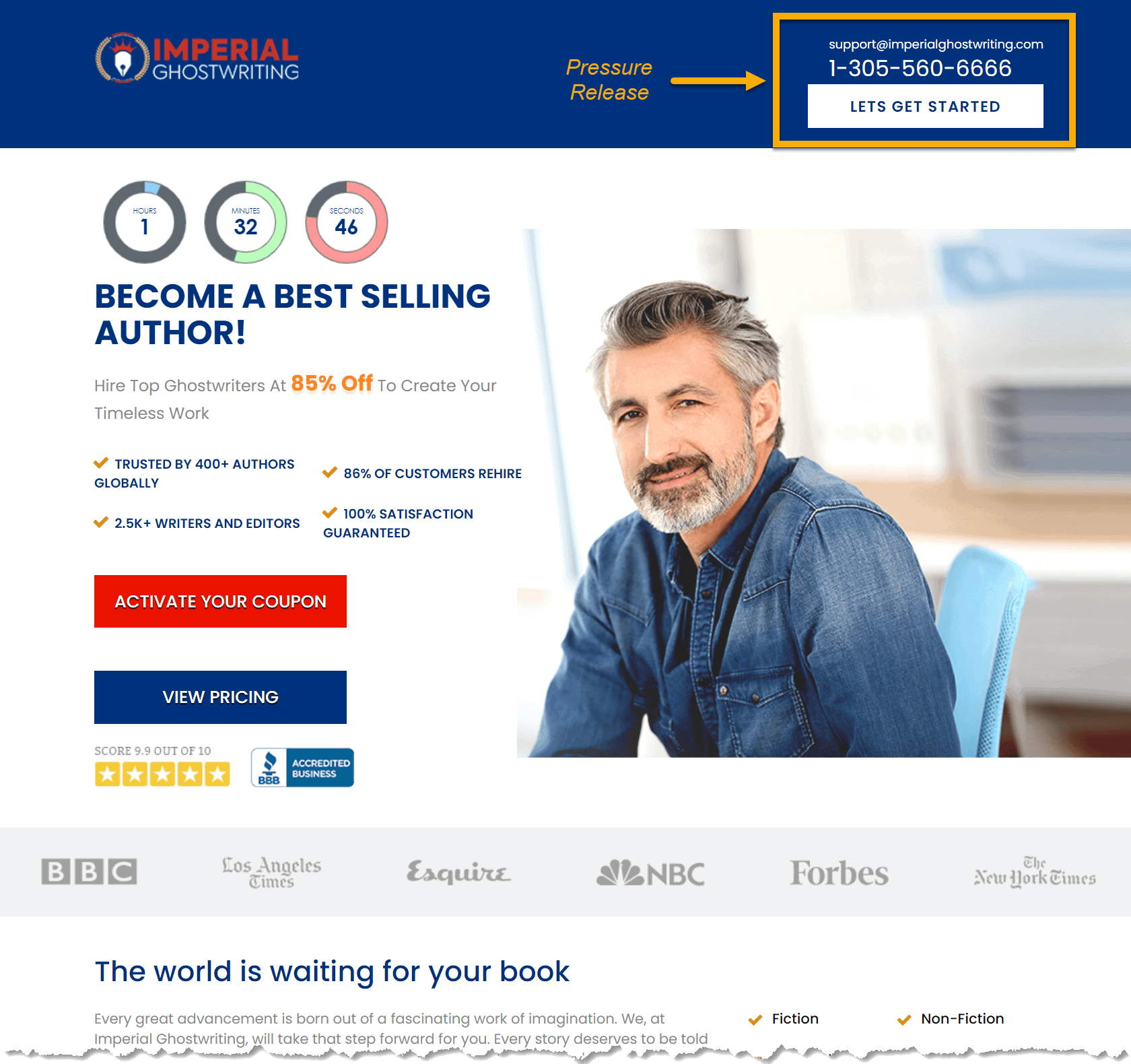 The top of a landing page, with the Pressure Release CTA in the upper right corner