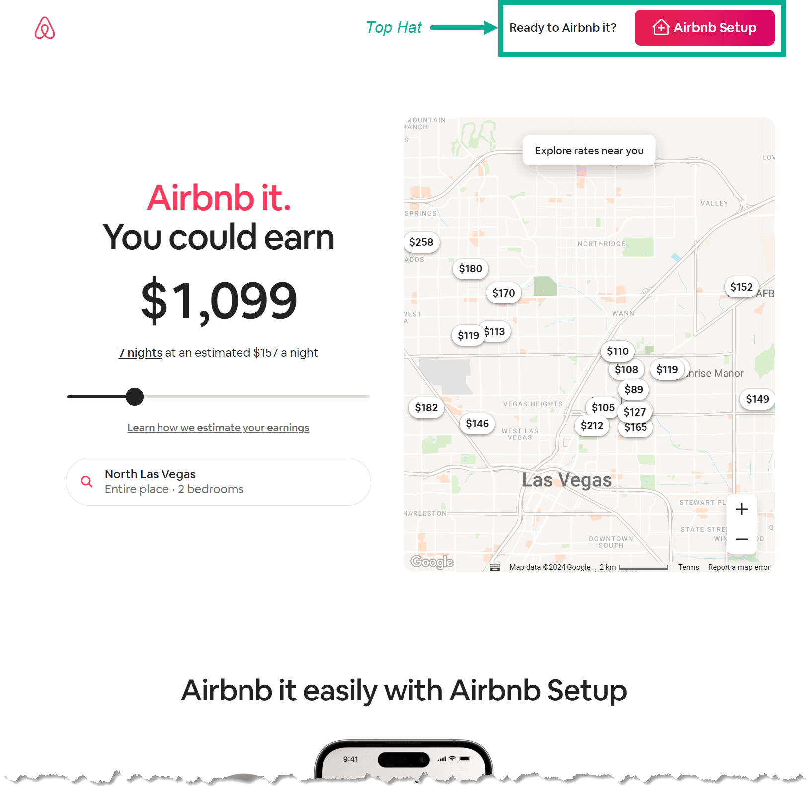 Airbnb landing page with the top hat CTA at the top right corner of the page