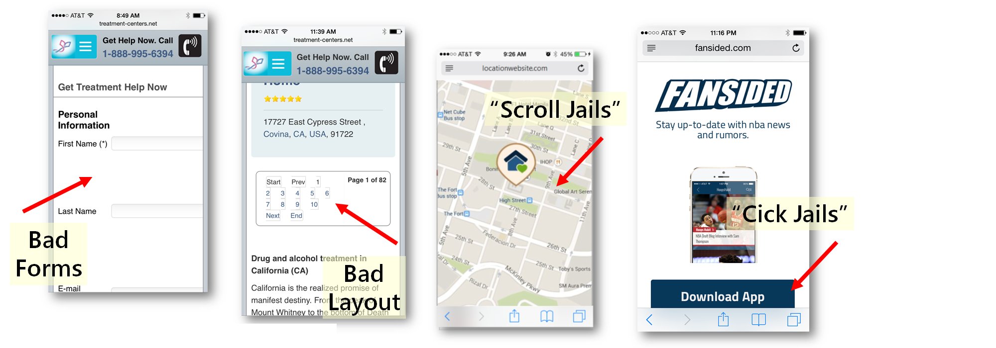Layout issues, scroll jails and click jails are symptoms of responsive web design.