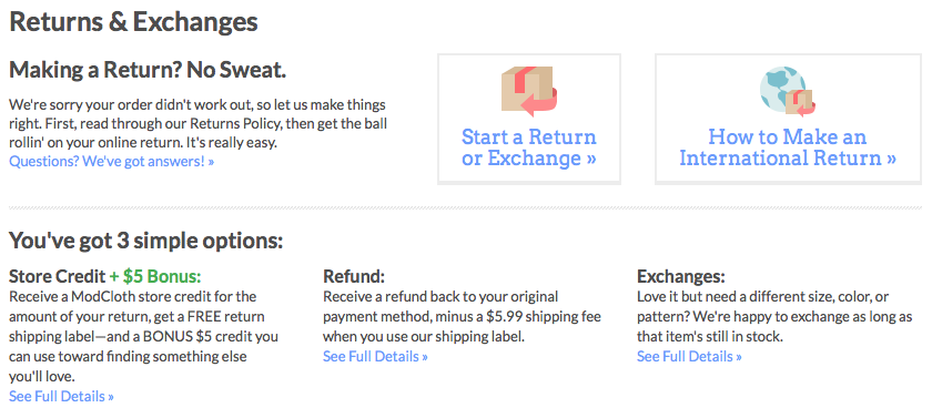 ModCloth's return policy